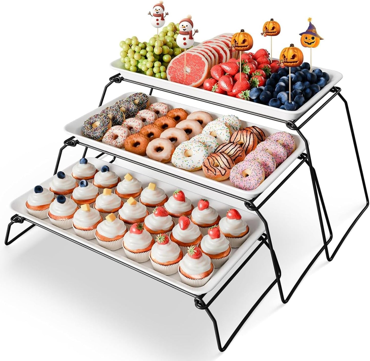 3-Tier Melamine Serving Tray Set, 11.5" x 5.6" Platters for Serving Food, Black Reusable Trays with Black Metal Display Stand for Cupcakes, Sevring Food, Dessert, Fruit, Cookie, Gold