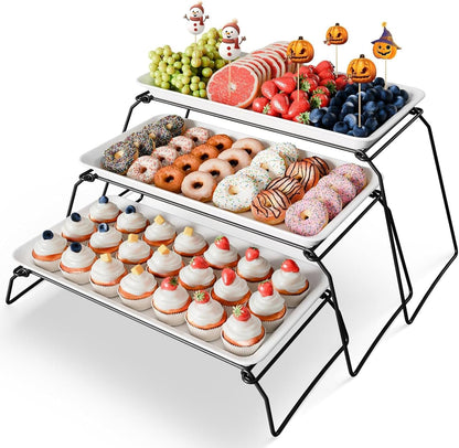 3-Tier Melamine Serving Tray Set, 11.5" x 5.6" Platters for Serving Food, Black Reusable Trays with Black Metal Display Stand for Cupcakes, Sevring Food, Dessert, Fruit, Cookie, Gold