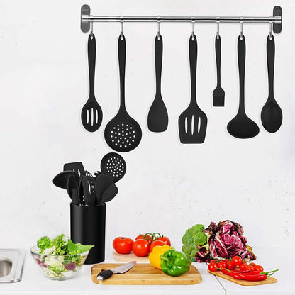 LIANYU 12-Piece Silicone Kitchen Cooking Utensils Set with Holder, Kitchen Tools Include Slotted Spatula Spoon Turner Ladle Tong Whisk, Dishwasher Safe, Dark Blue