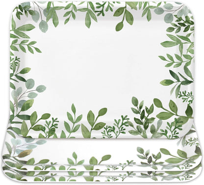 Whaline 3Pcs Greenery Serving Trays Reusable Melamine Platters Green Leaves Serving Dishes for Spring Birthday Wedding Party Food Supplies, 10 x 13 Inch