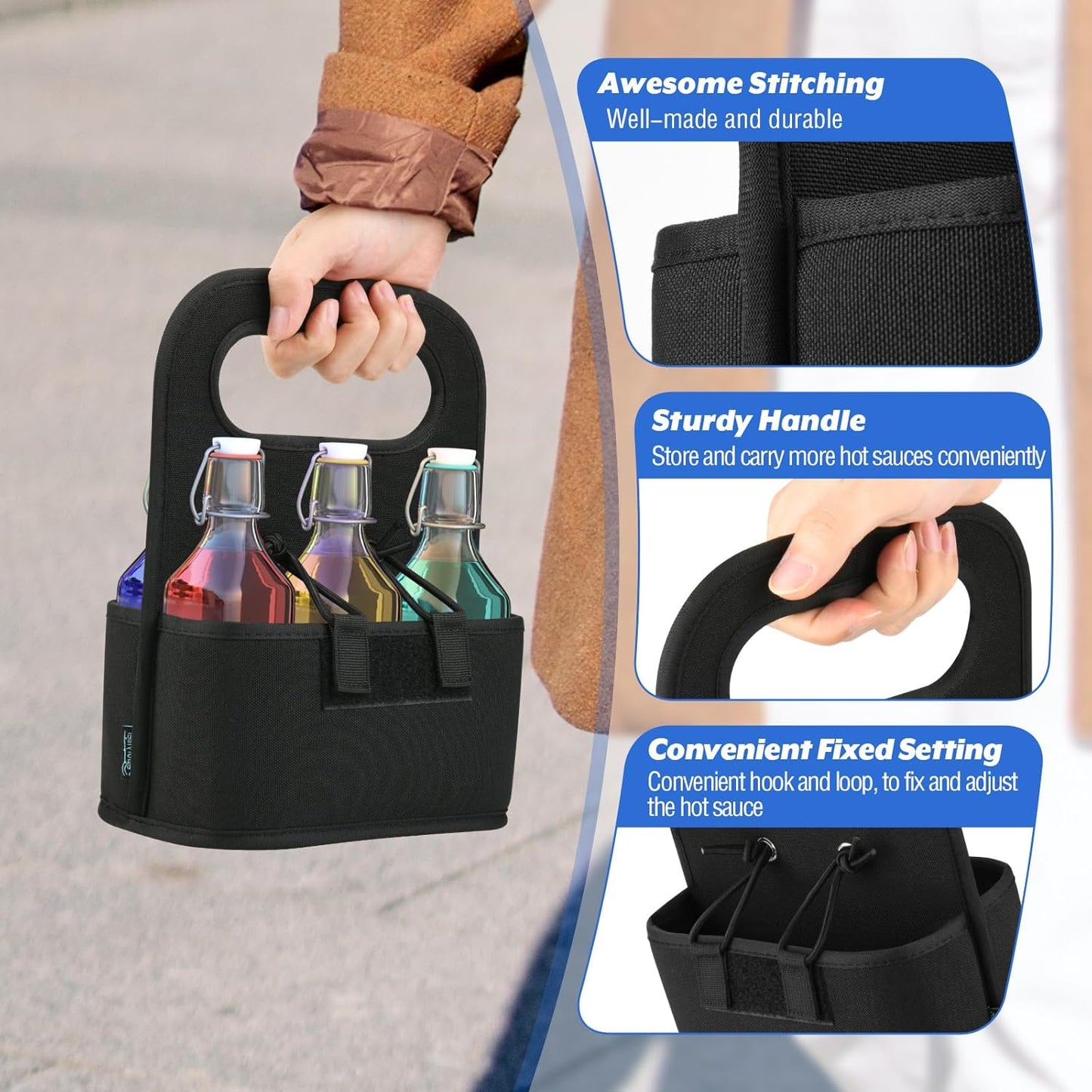 Beautyflier 6-bottle Carrier for Hot Sauce Bottles, Holds Standard 5oz Bottles, Condiment Holder for Oil, Sauces, Vodka, Ketchup, Tabasco, Honey for the Hot Sauce Lover Fan, Holder Only