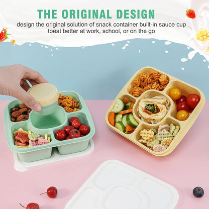 Original Lunchable Snack Containers - 5 Compartments Bento Snack Boxes with 1 Leakproof Small Containers, Wheat Straw, BPA-Free, Set of 2 (Bule+Pink)