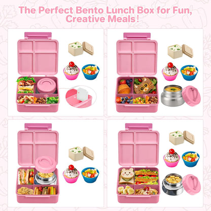JSLOVE Bento Lunch Box with Leak Proof Thermos Food Jar for Kids, Food Lunch Containers for Boys with 4 Compartments, BPA-Free with Utensils, Food Picks, Sauce Jar & Silicone Lunch Box Dividers