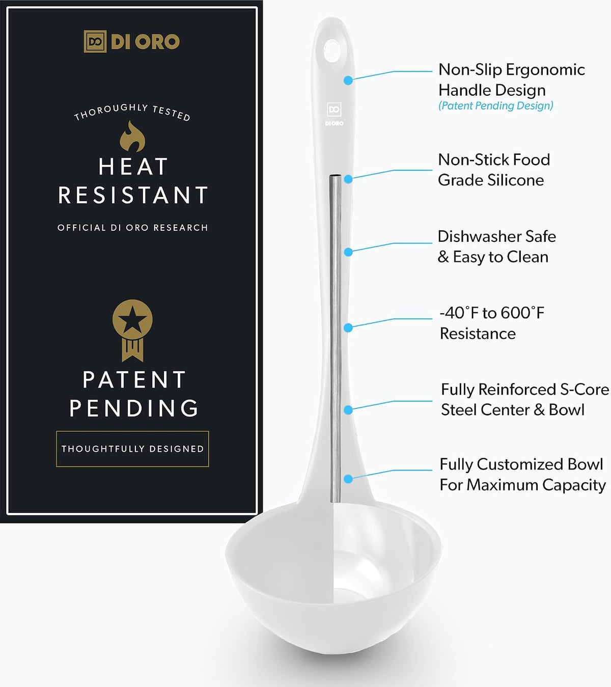 DI ORO Silicone Ladle - Soup & Serving, 600F Heat Resistant, Black