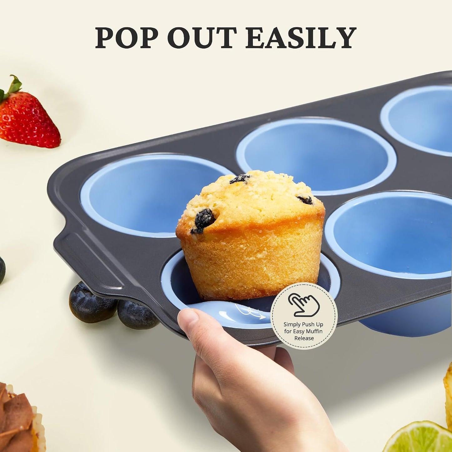 BRONYPRO Silicone Muffin Pans for Baking with Metal Frame, Egg Bite Molds, Cupcake Pans 12 Regular Size, Muffin Tins Easy to Pop Nonstick Non Toxic Bakeware for Oven,Blue