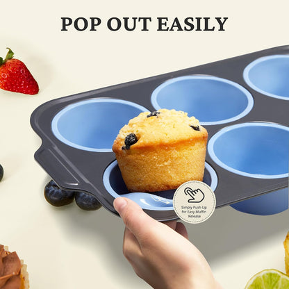 BRONYPRO Silicone Muffin Pans for Baking with Metal Frame, Egg Bite Molds, Cupcake Pans 12 Regular Size, Muffin Tins Easy to Pop Nonstick Non Toxic Bakeware for Oven,Blue