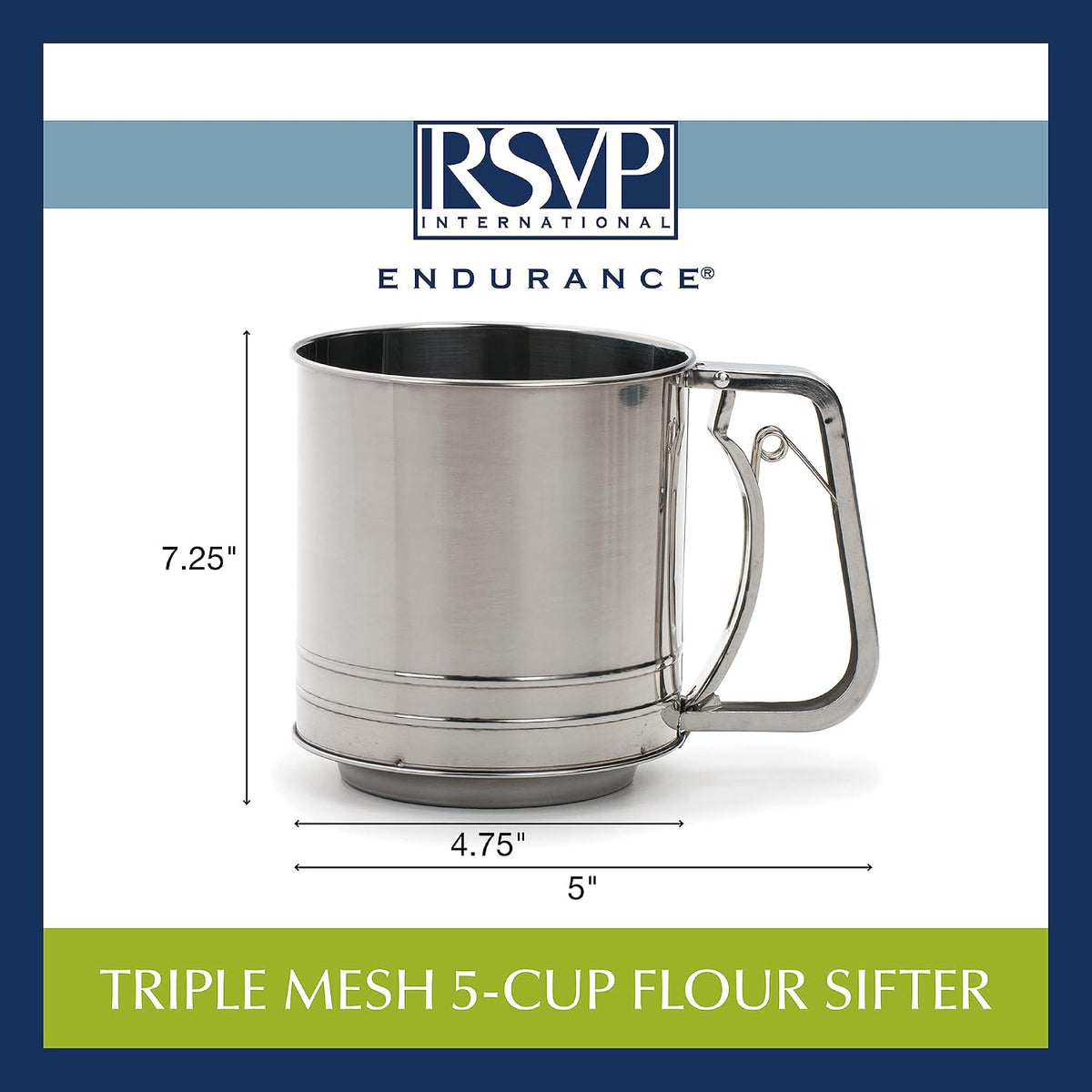 RSVP International Endurance® Stainless Steel Vintage One-Hand Sifter, 1 Cup | Top Cakes, Sift Flour, Marinade BBQ & More | Dishwasher Safe | Powder Sugar, Sift Flour, Spread Toppings & More