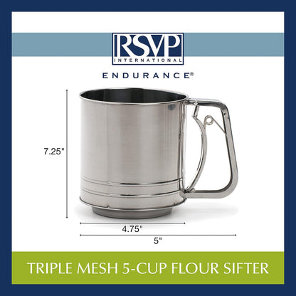 RSVP International Endurance® Stainless Steel Vintage One-Hand Sifter, 1 Cup | Top Cakes, Sift Flour, Marinade BBQ & More | Dishwasher Safe | Powder Sugar, Sift Flour, Spread Toppings & More