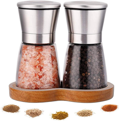 LessMo Salt and Pepper Grinder Set with Wooden Standing Tray, Refillable Pepper Mill Set - Brushed Stainless Steel - Short Glass Shakers with Adjustable Coarseness for Peppercorn, Salt or Spice Mills