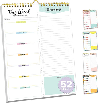 Decorably 52 Sheets Pastel Rainbow Weekly Meal Planner for Fridge with 4 Strong Magnets - 6x9in Spring-Bound Refrigerator Mountable, Easy Tear-Off Design, Track Food, Drinks, & Home Supplies