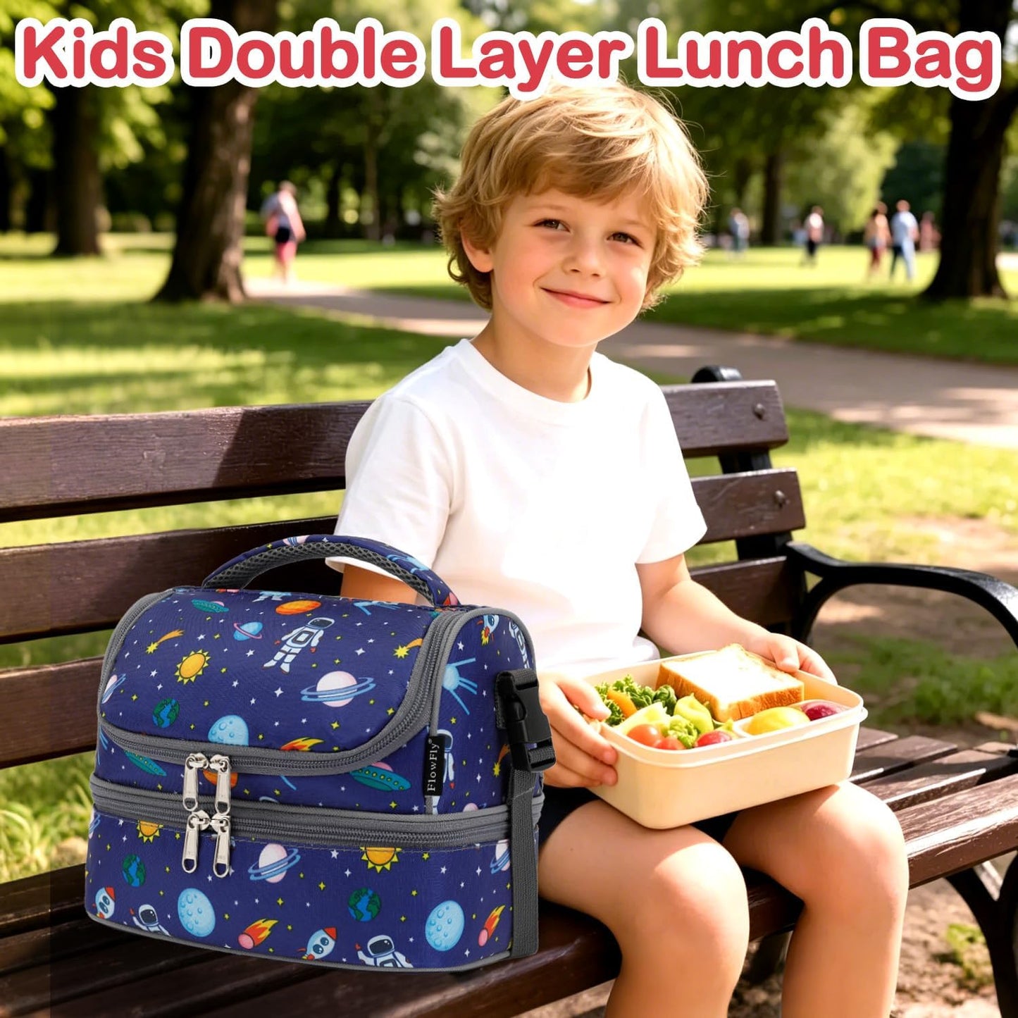 FlowFly Kids Double Decker Cooler Insulated Lunch Bag Large Tote for Boys, Girls, Men, Women, With Adjustable Strap, Unicorn