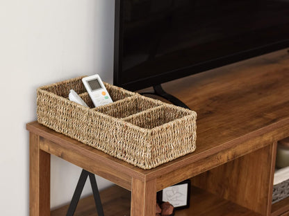 StorageWorks Small Wicker Basket for Organizing with 4-Section, Natural Water Hyacinth Storage Baskets with Dividers for Pantry Shelves, 2-Pack