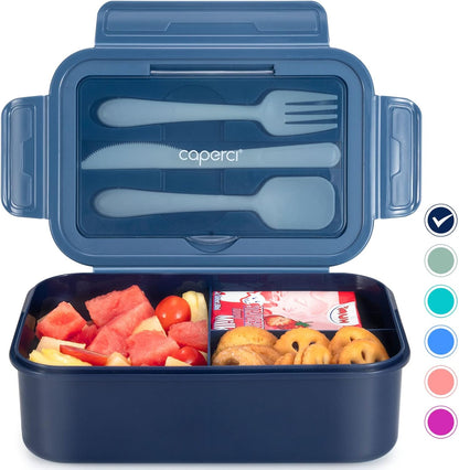 Caperci Classic Bento Box Adult Lunch Box for Older Kids - Leakpoof 47 oz 3-Compartment Lunch Containers for Adults and Teens, Built-in Utensil Set, Ideal for On-the-Go Balanced Eating,Khaki Green