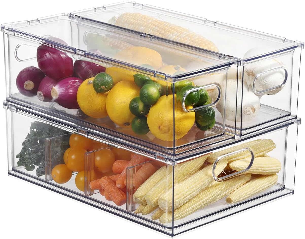 Fridge Organizers and Storage Pull Out Drawer, 2 Small | Stackable, Clear, Fruit and Veggies Containers, for Kitchen, Cabinet