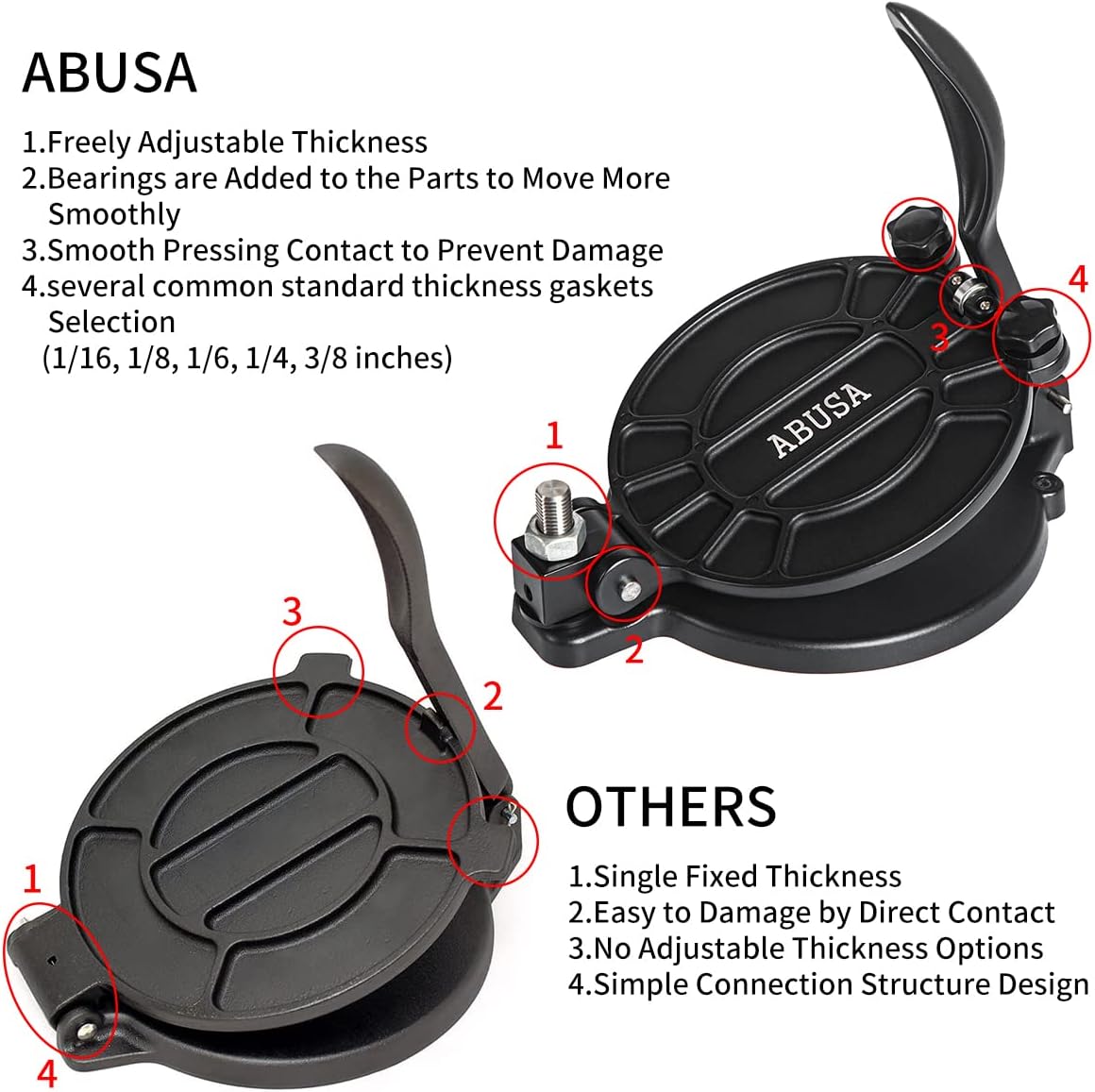 ABUSA Thickness Adjustable Tortilla Press 8 Inch Tortilla Maker Black - Roti, Dough Press, Dosa, Tawa, Tamale, Pizza, Pie, Patty (Extra Oil Paper or Patty Paper needed)