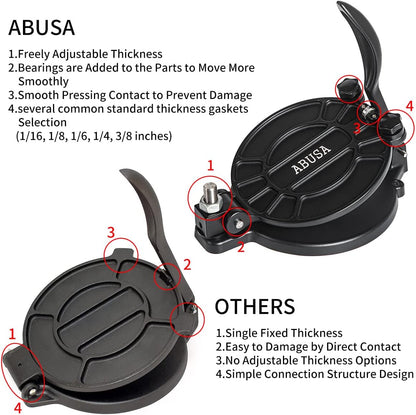 ABUSA Thickness Adjustable Tortilla Press 8 Inch Tortilla Maker Black - Roti, Dough Press, Dosa, Tawa, Tamale, Pizza, Pie, Patty (Extra Oil Paper or Patty Paper needed)