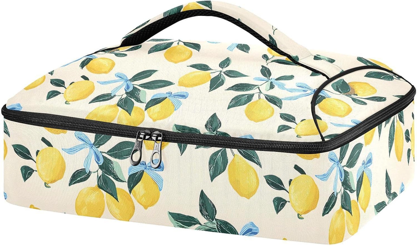 Casserole Carrier Insulated Yellow Lemon Blue Bows Dish 9x13 with Lid Party Travel Warmer Bag for Hot or Cold Food Lasagna Pizza Holder Tote
