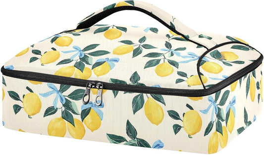 Casserole Carrier Insulated Yellow Lemon Blue Bows Dish 9x13 with Lid Party Travel Warmer Bag for Hot or Cold Food Lasagna Pizza Holder Tote