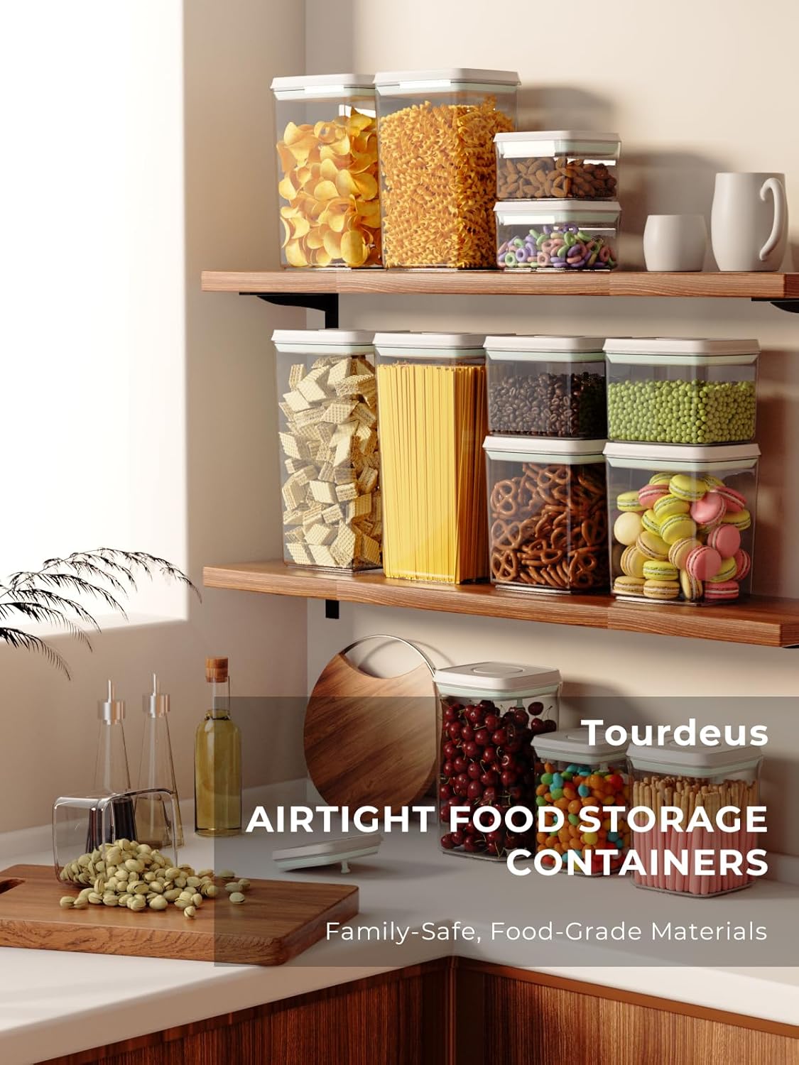 Airtight Food Storage Containers with Lid, 4-Pack 4.22Qt Large Stackable Pantry Organizers with Measuring Scoops, BPA-Free Containers for Rice, Flour, Baking Supplies, Snacks & Laundry Pods