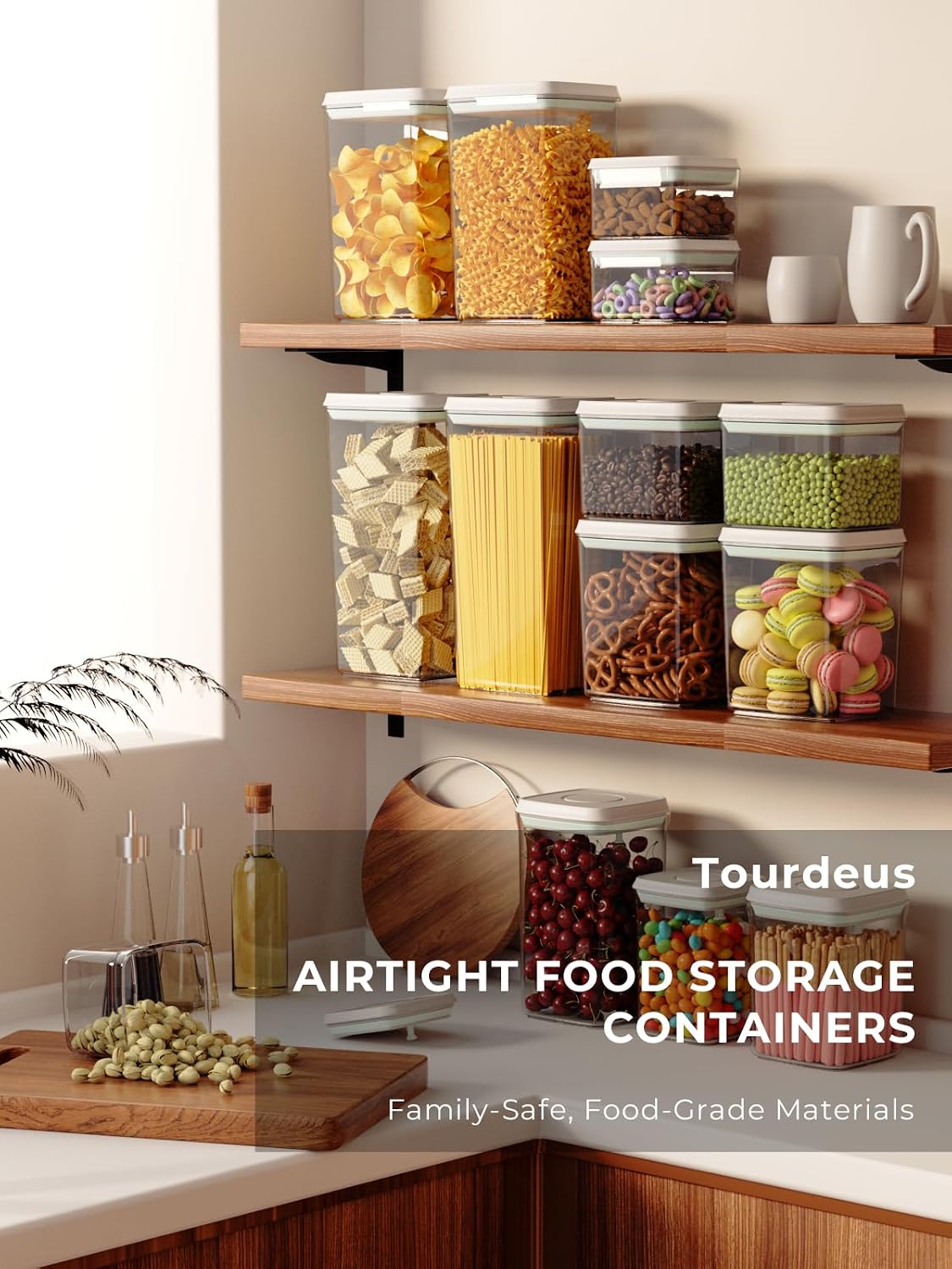 Airtight Food Storage Containers, 4-Piece Set, 1.3-3.5 Qt, Pop-Top Lids | Clear Stackable Pantry Jars for Flour, Sugar, Cereal, Oats, Pasta, Snacks, Baking Ingredients and Small Kitchen Organization
