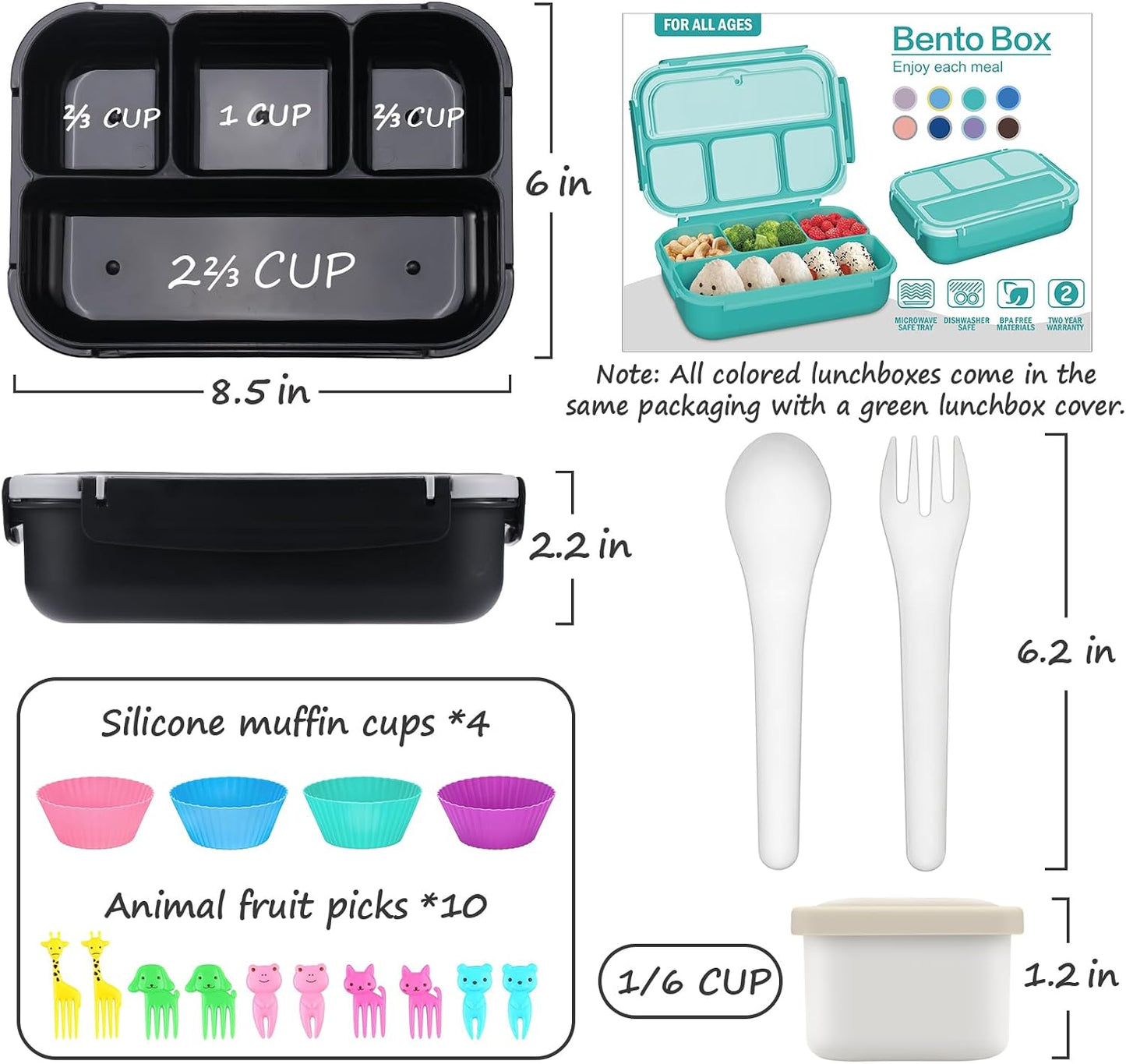 QQKO Bento Lunch Box for Kids Girls Boys, Toddler Kids Lunch Boxes for School, Lunch Containers for Adults with 4 Compartments, Sauce Container, Utensils, Food Picks and Muffin Cups, Purple