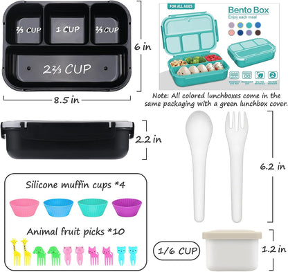 QQKO Bento Lunch Box for Kids Girls Boys, Toddler Kids Lunch Boxes for School, Lunch Containers for Adults with 4 Compartments, Sauce Container, Utensils, Food Picks and Muffin Cups, Purple