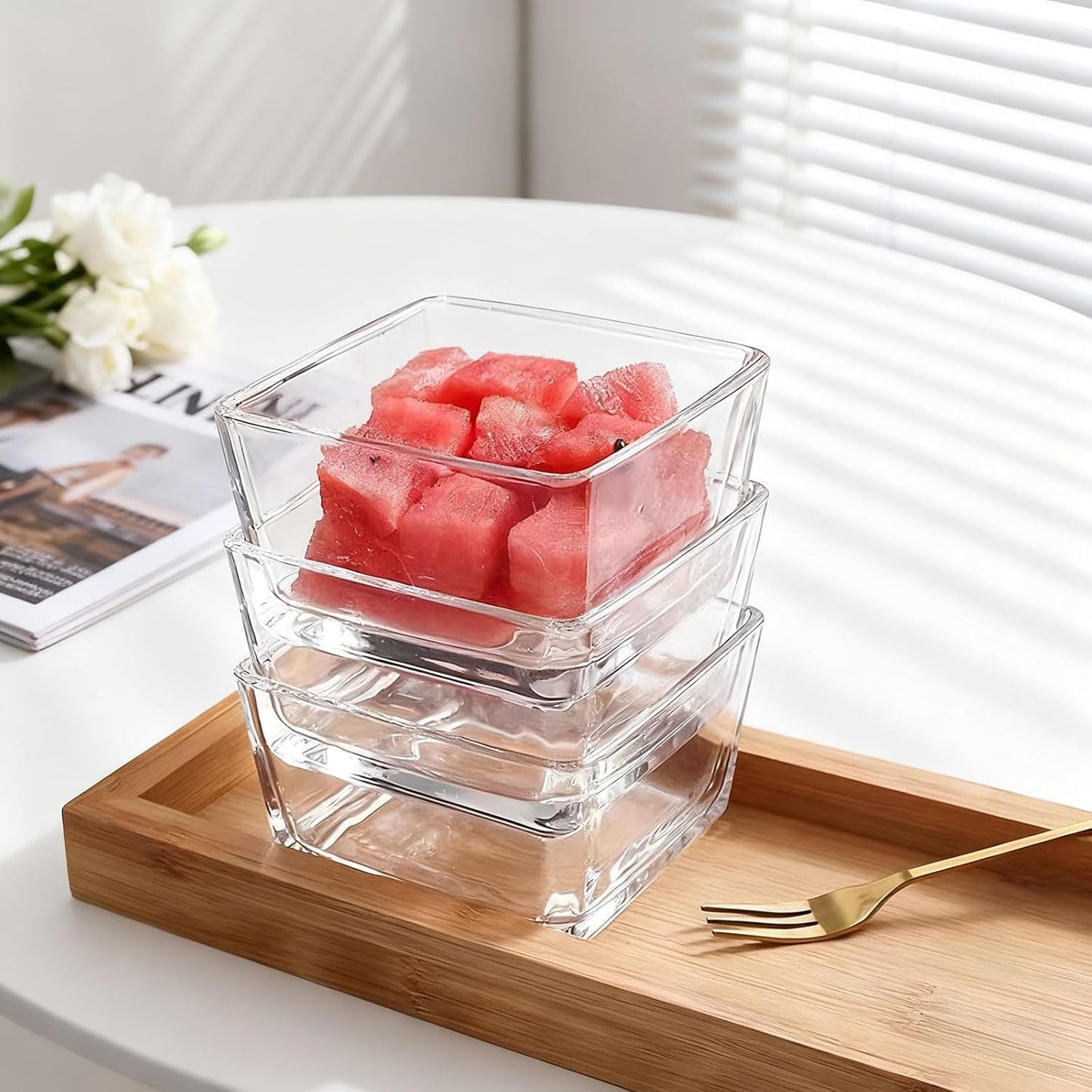 Snackle Box Container Chip and Dip Bowls With Serving Tray, 3 Glass Square Sauce Cups Dip Bowls, Small Fruit Platter Side Dishes for Party Entertaining Appetizer Dessert Salsa Side Dishes(THREE)