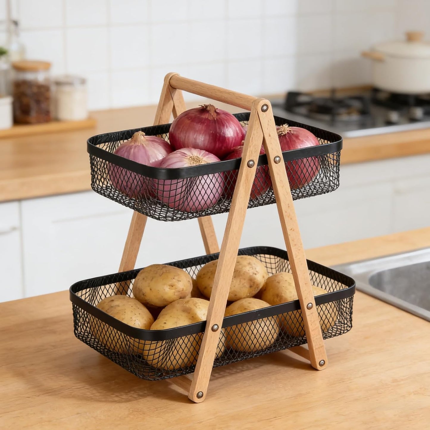 2 Tier Onion and Potato Storage Basket for Pantry, Wire Produce Organizer with Wooden Handle, Kitchen Counter Vegetable Bin for Garlic, Fruit, Bread and Snacks, Black