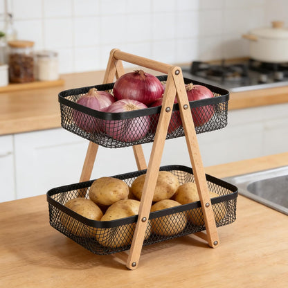 2 Tier Onion and Potato Storage Basket for Pantry, Wire Produce Organizer with Wooden Handle, Kitchen Counter Vegetable Bin for Garlic, Fruit, Bread and Snacks, Black