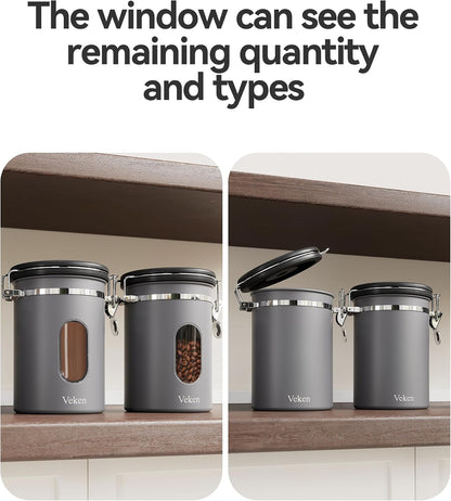 Veken Coffee Canister with Window, Family Choice Awards Winner, Airtight Stainless Steel Home Kitchen Food Storage Container with Lids for Grounds, Beans, Tea, Flour,Cereal,Sugar Jars,Scoop,16OZ,Black