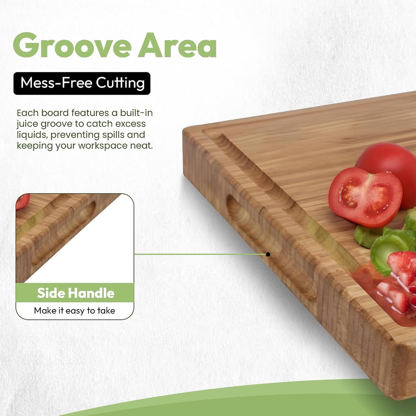 GREVA 3-Piece Premium Bamboo Cutting Board Set with Juice Grooves & Non-Slip Feet | XL, M, S Wood Chopping Boards for: Meat, Vegetables & Charcuterie | INCLUDES 3-in-1 Kitchen GREVA wooden cutlery Set
