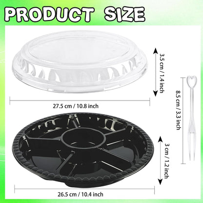 20 Pack Plastic Appetizer Trays with Lid Disposable Serving Platters with 100 Forks 6 Divided Round Plastic Tray for Veggie Fruit Snack Party and Buffet Catering Trays, 10 Inch, 2 Colors