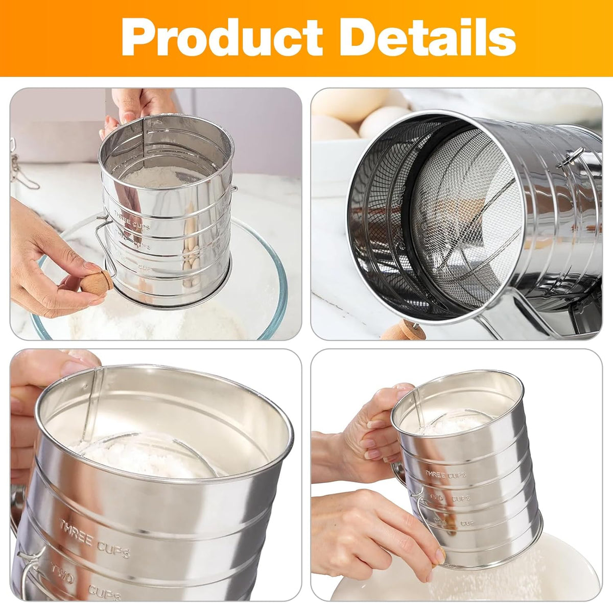 4 in1 Flour Sifter Stainless Steel, 5 Cup Flour Sifter for Baking, Sifter for Baking with Powdered Sugar Duster Set, Flour Shaker Duster for Baking Cakes, Pies, Pastries, Desserts and Cupcakes