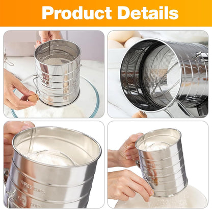 4 in1 Flour Sifter Stainless Steel, 5 Cup Flour Sifter for Baking, Sifter for Baking with Powdered Sugar Duster Set, Flour Shaker Duster for Baking Cakes, Pies, Pastries, Desserts and Cupcakes