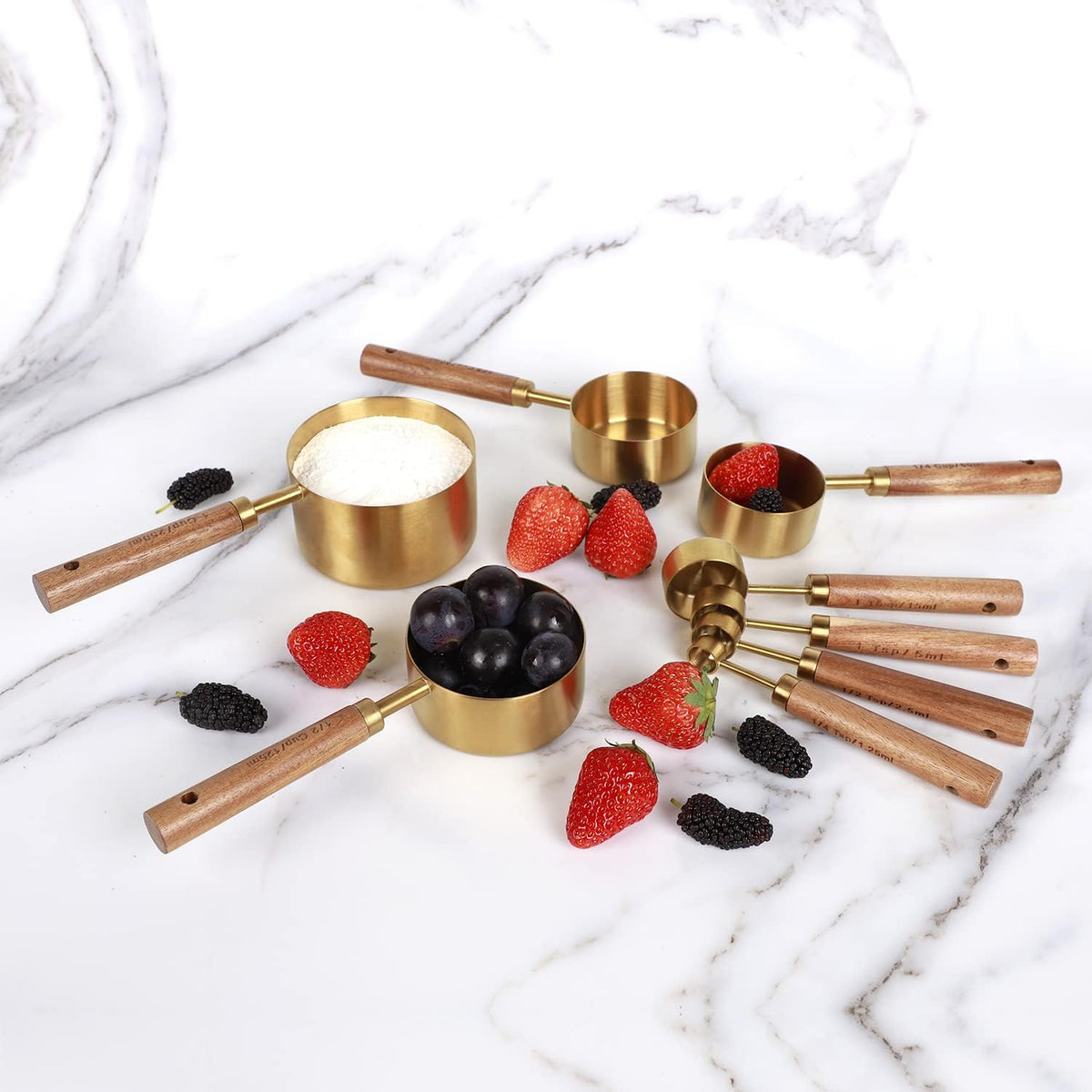 Collection 8 Piece Gold Measuring Cups Set and Measuring Spoons, Golden With fragrant wood Handles-Complete Set of Measure Cups and Spoons For Cooking and Baking.…