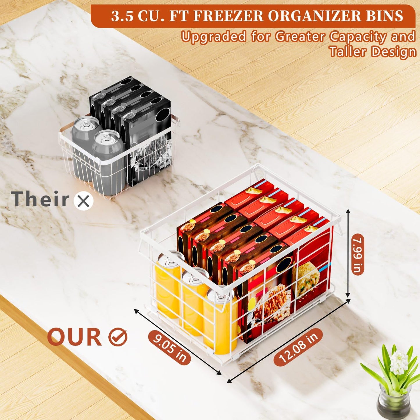 Freezer Organizer Bins, Upgrade Quick Expand/Collapse Feature, for 3.5 Cu.Ft Deep Freezer, 3 Pack Stackable Deep Freezer Organizer Bins, Black Wire Foldable Baskets with Handles (Black 3 Pack)