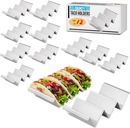 Stainless Steel Taco Holders Set of 12 - Each Metal Taco Stands for 3 Tacos - Taco Rack with Handles - Stylish Taco Shell Holders - Oven & Dishwasher & Grill Safe Taco Trays
