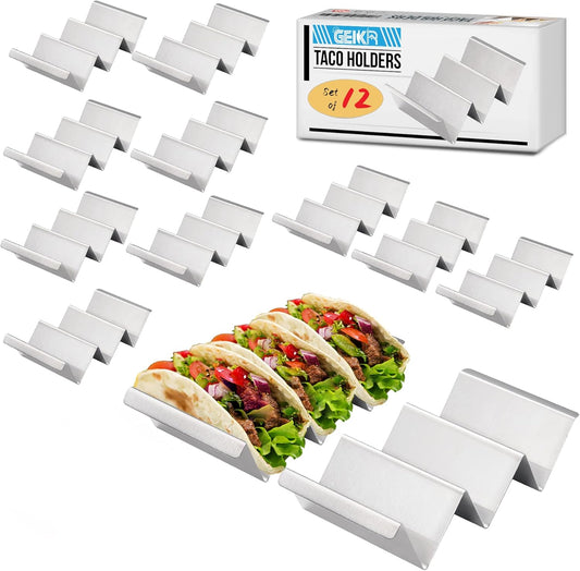 Stainless Steel Taco Holders Set of 12 - Each Metal Taco Stands for 3 Tacos - Taco Rack with Handles - Stylish Taco Shell Holders - Oven & Dishwasher & Grill Safe Taco Trays