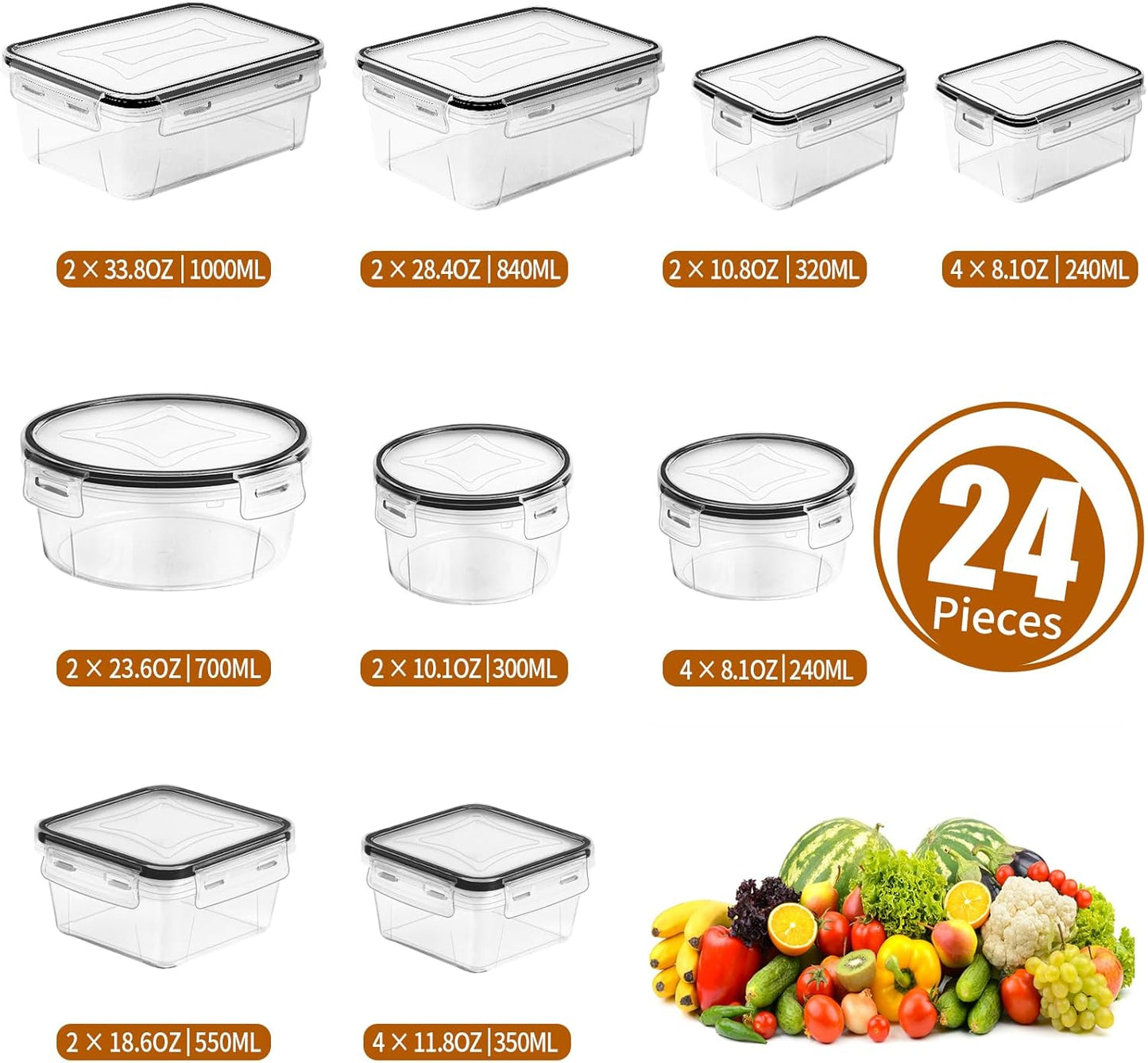 PRAKI 48 Pack Food Storage Containers with Airtight Lids (24 Containers & 24 Lids), Kitchen storage containers for Pantry Organizers and Storage, Meal Prep Container with Labels & Marker