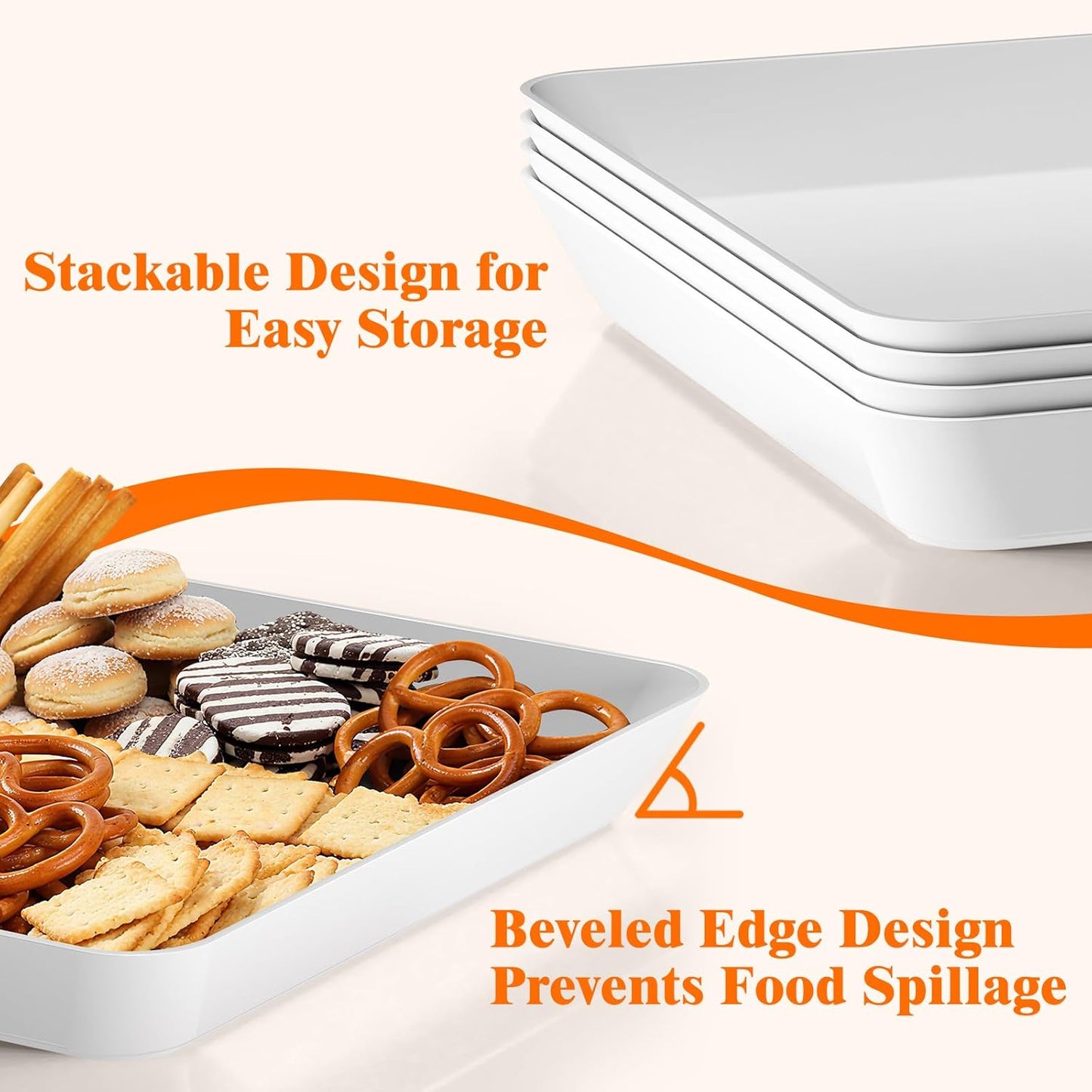 SpaceTrove 4-Pack Serving Tray Set, Reusable Plastic Serving Platter for Party Supplies, Entertaining, Grilling Accessories, Stackable Kitchen Snack Box Container for Dessert, Fruit, Cookie, (Black)