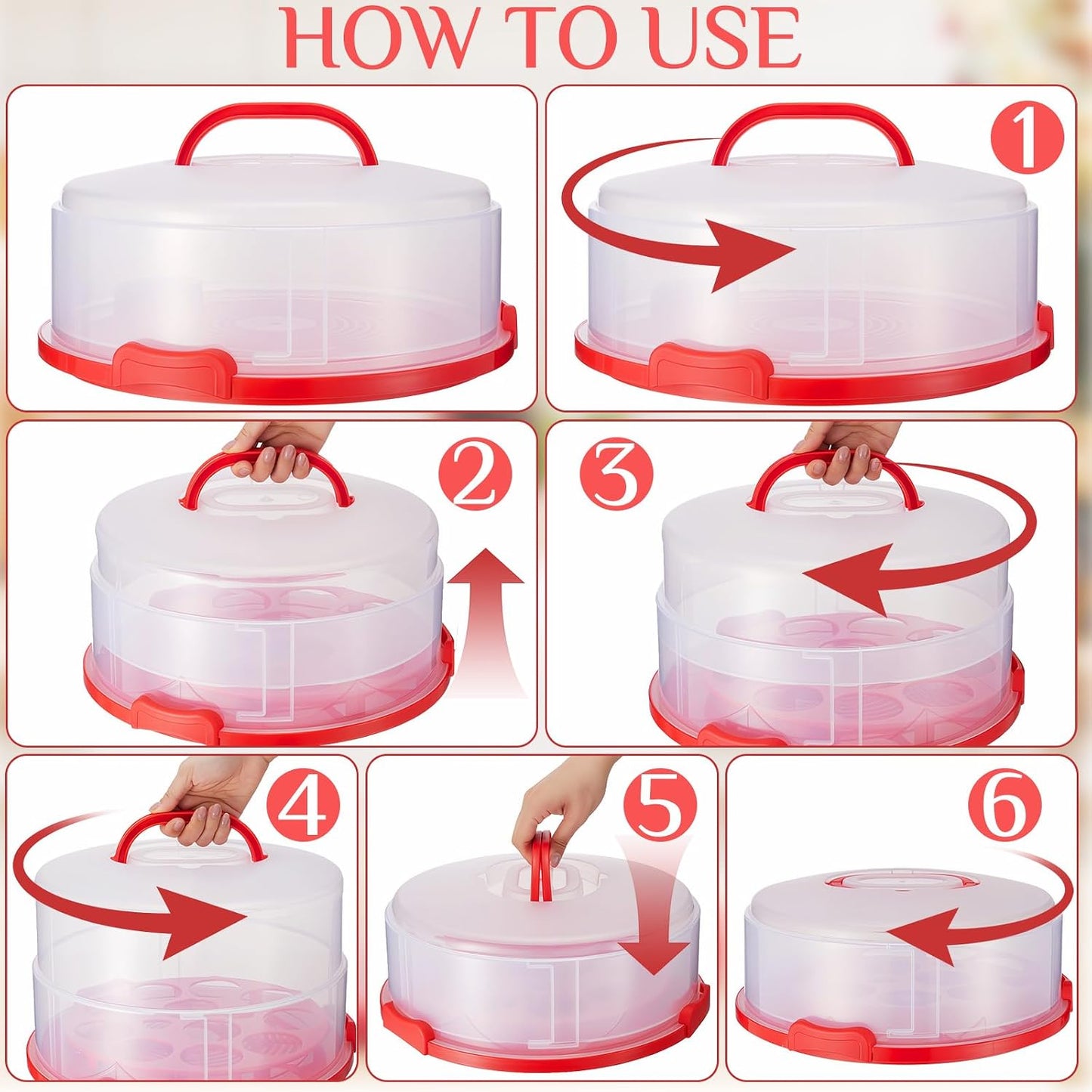 Teenyyou 12 Inch Large Cake Carrier with Lid and Handle for 12" Round 7" High Cake Adjustable Plastic Pies Carrier Portable Cupcakes Transport Container for Cookies Pizza and More(Pink)