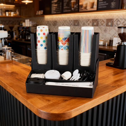 Commercial Cup and Lid Holder with Straw Organizer,Disposable Coffee Cup Condiment Dispenser for Countertop Org, Coffee Bar, Beverage Cup, Kitchen, Breakroom (11 Compartment Upright)
