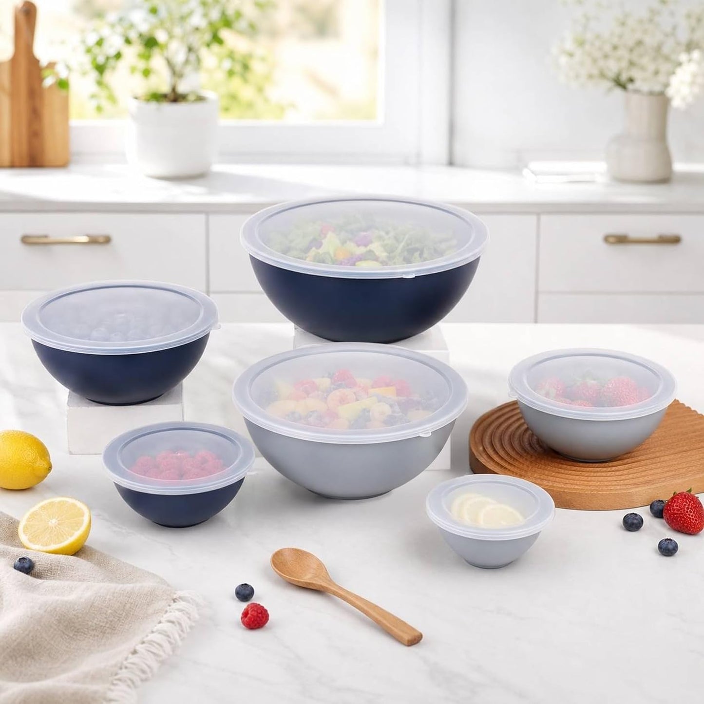 BoxedHome BPA Free Plastic Round Mixing Bowl with Lids, 12 Pack Nesting Bowls with Lids Set, Microwave and Dishwasher Safe Prep & Serving Bowls Great for Mixing, Baking, Serving (pinkish green, 12pcs)