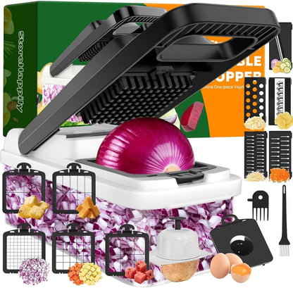 12-in-1 Vegetable Chopper 7 Blades, Veggie Cutter with Handle, Black/White
