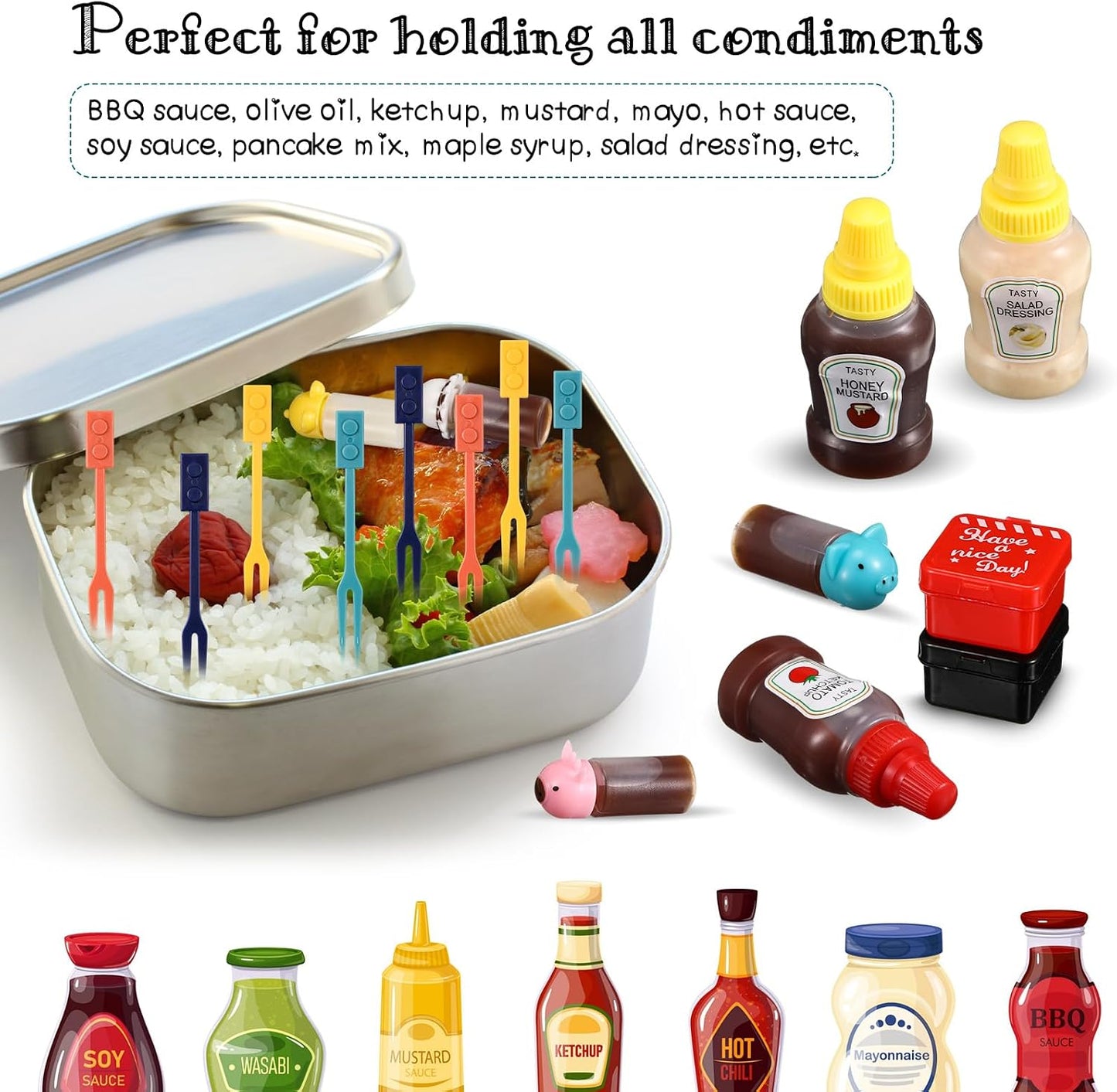 50 Pcs Kids Bento Box Accessories Including Food Picks Mini Condiment Bottles Ketchup Squeeze Bottles, Mini Soy Sauce Container with Funnel for Kids School Bento Camping Office Accessories (Animal)