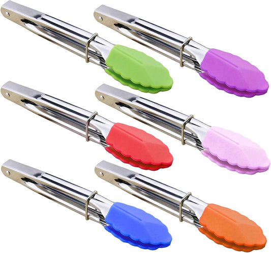 HINMAY Mini Stainless Steel Food Tongs with Silding Rings 7-Inch, Set of 6 | Small Clam Shell Service Tongs for Serving Appetizers, Desserts, Salads, Barbecue and Cooking (Silver)