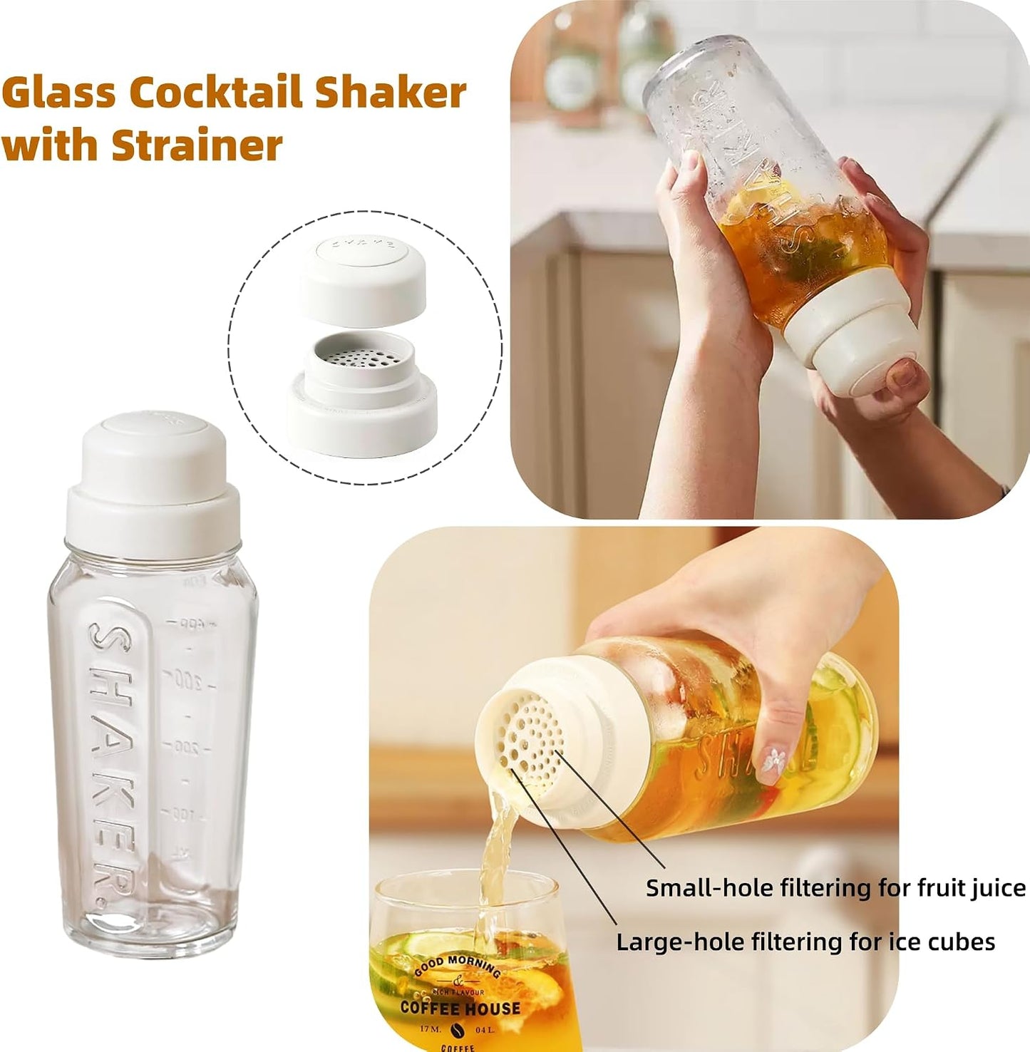 Cocktail Shaker Set-19 oz Glass Martini Shaker with Built-in Strainer，Muddler with Measuring Jigger and Stainless Steel Mixing Spoon, Home Bartender Kit Bar Tool for Margaritas Making, Drinks Mixing