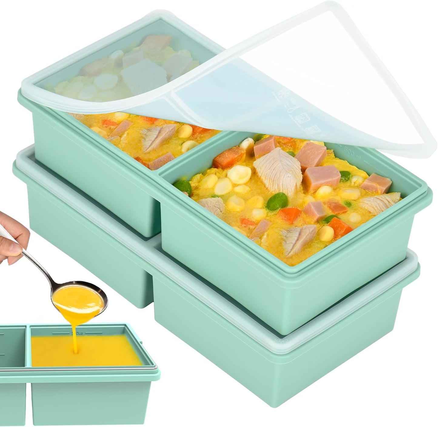 2 cup Silicone Freezer Trays with Lids, Silicone Soup Freezer Molds, Easily prepare portioned meals, Great for storing soups, lasagna, leftovers, sauces and other dishes, Dishwasher, Oven Safe