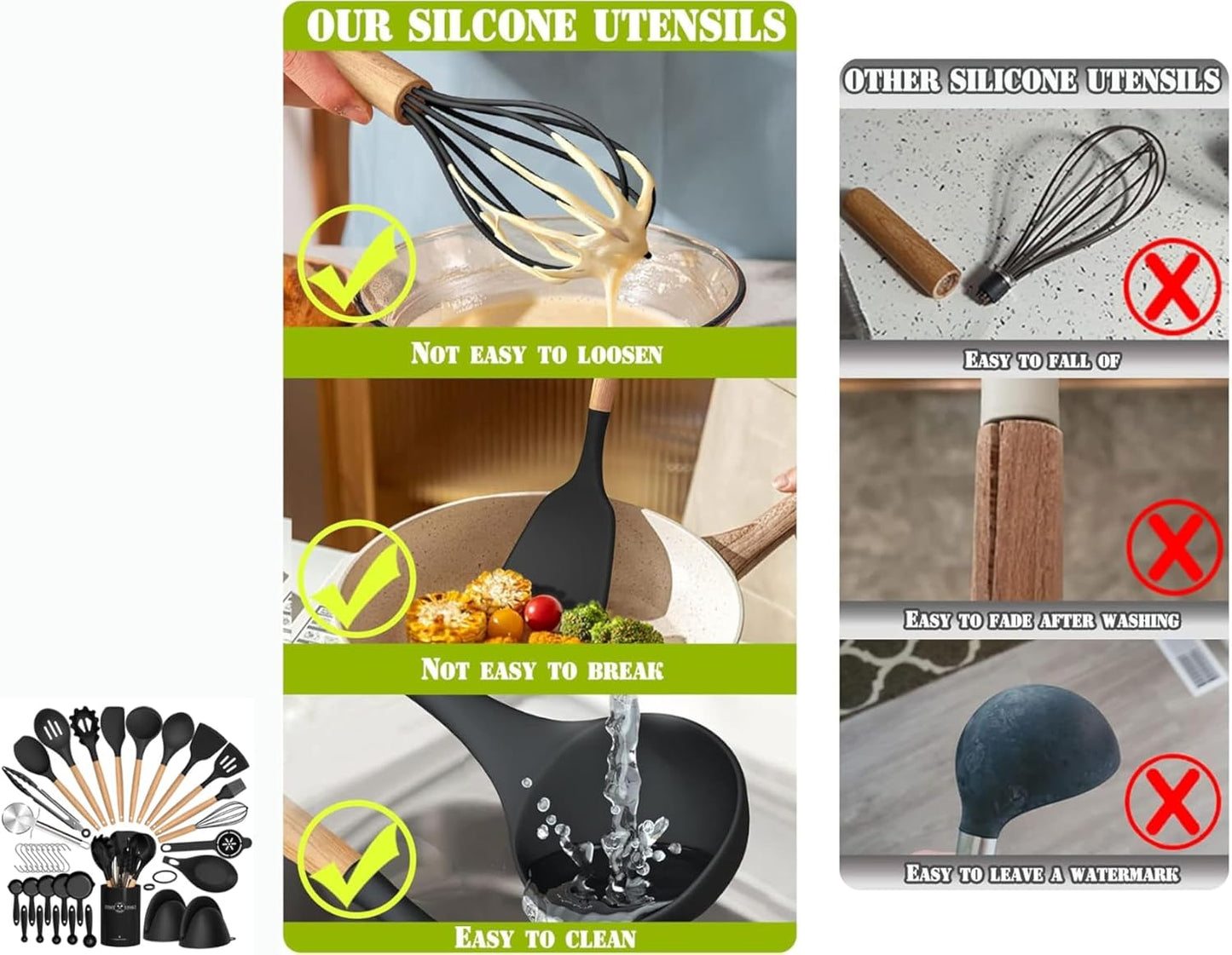 36 pcs Silicone Kitchen Cooking Utensils with Holder, Heat Resistant Cooking Sets Wooden Handle, Nonstick Kitchen Gadgets Tools Include Spatula Spoons Turner Pizza Cutter(Black) for Gift, K Trends