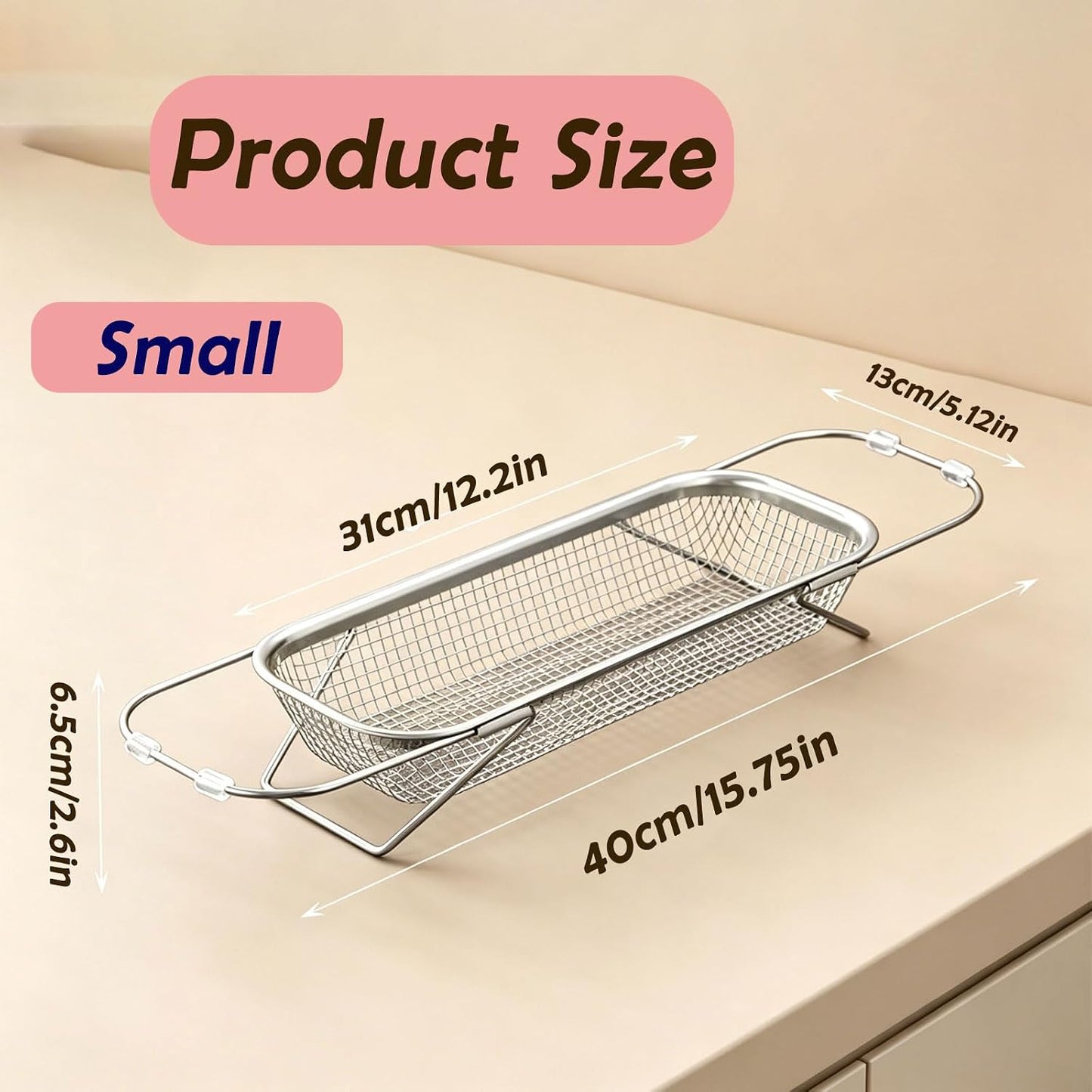 Sink Strainer Basket, Over the Sink Colander, Kitchen Expandable Stainless Steel Mesh Drain Basket, Adjustable Rectangular Kitchen Strainer with Handle for Washing Fruits, Vegetables and Pasta (Small)